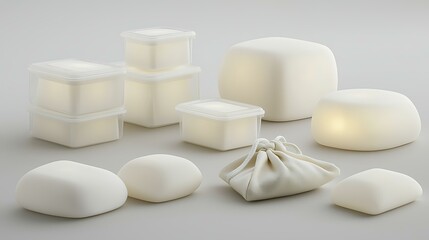 Transparent and white travel-sized containers with drawstring pouch on matte surface