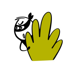 Maniac hides in the bushes and looks out for the victim. Vector illustration of a bandit preparing for a crime, watching in the park. Cartoon people isolated on white background.