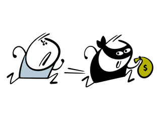 Bank guard is chasing a robber. Vector illustration of a masked bandit running away and carrying  bag full of money. Crime. Cartoon people isolated on white background.