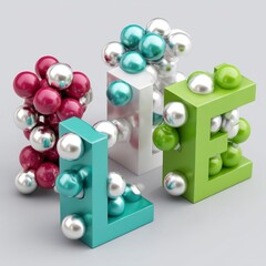 Colorful 3D Letters Formed with Shiny Spheres and Blocks