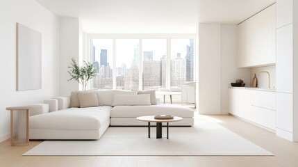 Modern, bright, and airy city apartment living room.  Spacious and minimalist design with a view