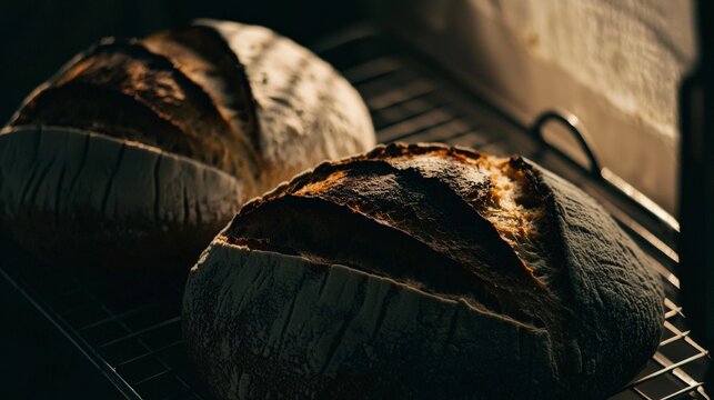 Golden Crusty Sourdough Loaves Cooling on Wire Rack