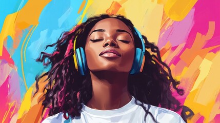 international womens day portrait happy young genz black woman listening to music colorful background digital illustration illustration