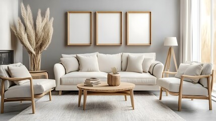 Obraz premium Cozy Living Room with Three Empty Wooden Frames for Decoration