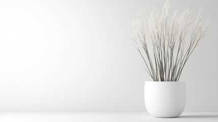 White Pampas Grass in Pot Minimalist Interior Design High-resolution Soft Lighting Centered Wide Shot Simple Arrangement Home Decor Peaceful Serenity Ideal for Home Staging