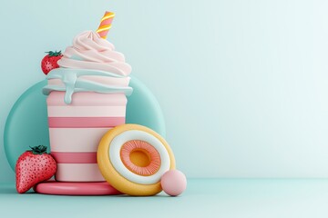 Pink Strawberry Milkshake with Whipped Cream and Cookie 3D Render