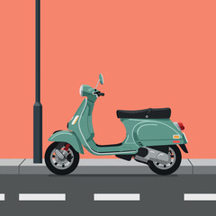Obraz premium Vintage Green Scooter Parked by a Street Lamp in Minimalist Urban Setting Vector Illustration