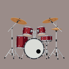 Red Drum Set in Detailed Flat Design, Featuring Cymbals and Stands, Displayed on a Neutral Background Vector Illustration