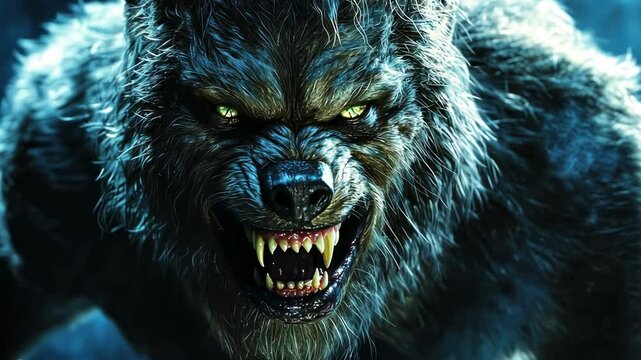 Ferocious werewolf in a dark forest.