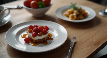A gourmet meal arranged in a heart shape on a round white plate, elegantly presented on a wooden table.  