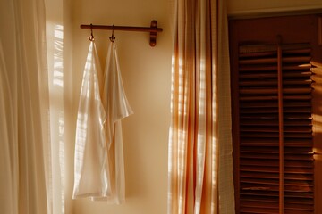 Creamy linen shirts hang on a wall, bathed in sunlight.  Soft, warm, and inviting