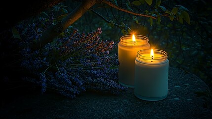 Relaxing night cream jar placed next to fresh lavender flowers and glowing candles