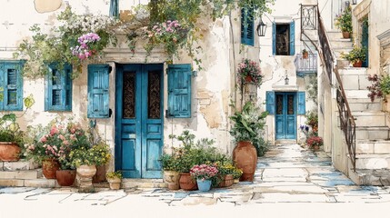 Obraz premium Watercolor of Traditional greek Santorini house with bougainvillea flowers,Greece islands blue white traditional cafe restaurant architecture,Santorini blue door window,Mediterranean scene.