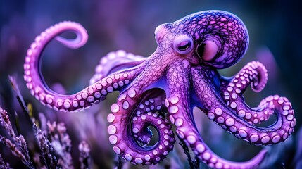 Obraz premium Cute Pink and Purple Octopus Swimming in the Sea Environment
