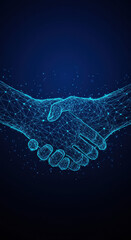 Digital Handshake: Futuristic Business Deal, Innovation, & Connection. Abstract Blue Wireframe Design for Collaboration & Technology.