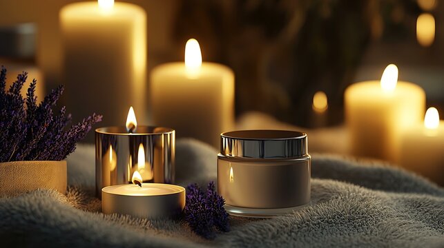 Night cream jar accompanied by lavender and candles in a soft-lit, calming spa-like setting