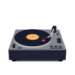 Fototapeta premium Detailed turntable with spinning vinyl record and stylus arm in flat design style vector illustration