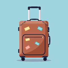 Brown suitcase with colorful travel stickers on a blue background in minimal flat vector art