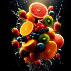 A vibrant mix of fresh fruits&mdash;grapefruits, oranges, kiwi, and berries&mdash;are suspended in mid-air against a stark black background.