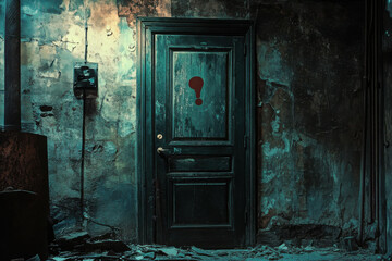 Mysterious door in a deserted room with a haunting atmosphere at night