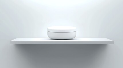 Minimalist moisturizer container in elegant white packaging on a white shelf with delicate lighting