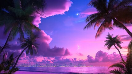 Serene Tropical Sunset with Palm Trees and Colorful Sky Reflection