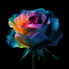 A colorful rose against a dark black background.