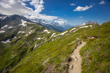 Mont Blanc, Monte Bianco mountain summit snow dome above the Chamonix valley in France. Highest peak in Europe in the Alps, alpine scenic view of Montblanc