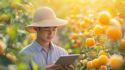 Fototapeta premium A farmer is using tablet in the greenhouse.