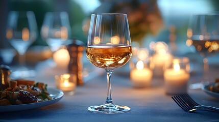 Naklejka premium Candlelit dinner with a glass of brandy and gourmet food