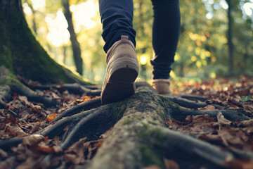 Person walks on forest trail among tree roots during golden hour in autumn season while enjoying nature
