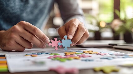 Fototapeta premium Hands Placing Colorful Puzzle Pieces on Office Desk Surface