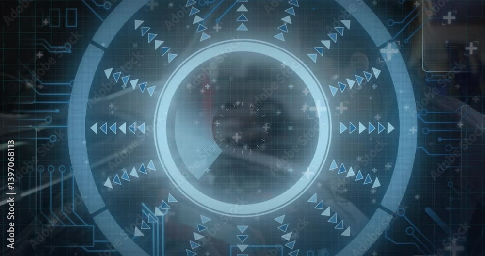 Poster animation of futuristic digital interface with blue circular patterns and arrows
