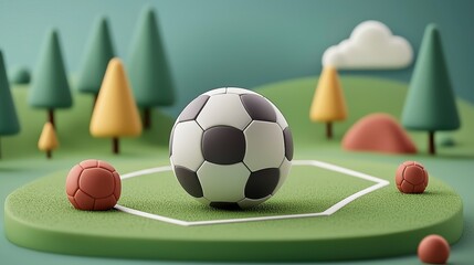 Playful 3D Render of Soccer Ball in Miniature Green Landscape