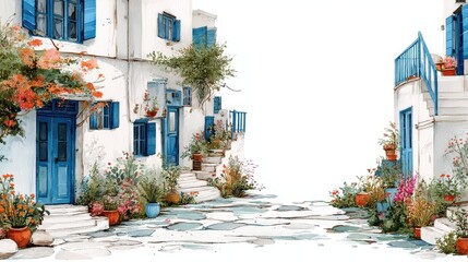 Obraz premium Watercolor of Traditional greek Santorini house with bougainvillea flowers,Greece islands blue white traditional cafe restaurant architecture,Santorini blue door window,Mediterranean scene.