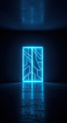 Neon Portal: Blue Geometric Light in Dark Room - Futuristic, Technology, Sci-Fi Aesthetic