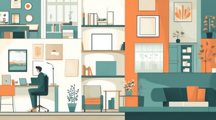 Telecommuting professionals video conferencing from various home offices illustration