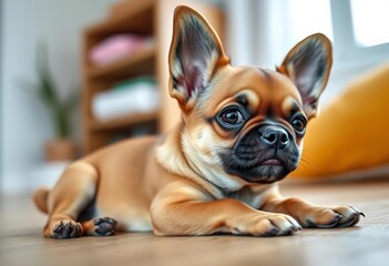 Obraz premium Adorable brown chihuahua-pug mix puppy relaxing at home, one ear up, small dog, relaxing