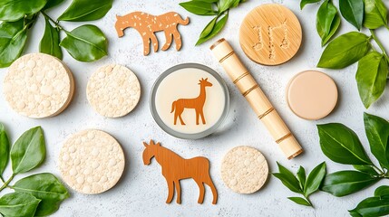 Eco-friendly glass and bamboo skincare packaging surrounded by natural green plants