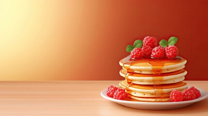 Freshly Stacked Pancakes with Ripe Raspberries and Syrup Drizzle