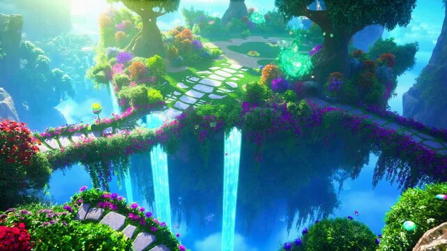 Fantasy Island Gardens Blooming in the Sky, Surreal Landscapes of Floating Flora and Dreamlike Atmosphere