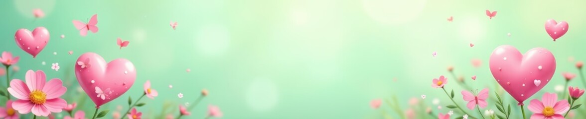 Obraz premium Adorable pink hearts and butterflies on a light green background with delicate flowers and dots, romance, pink, love