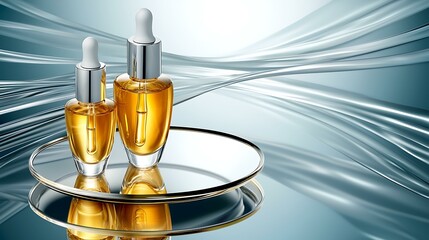 Dropper bottle filled with serum placed on reflective mirror surface with soft natural shadows