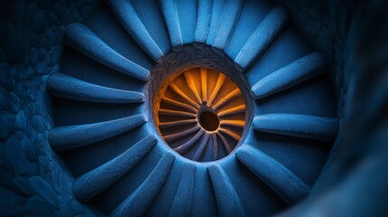 Spiral staircase bottom view with blue steps and warm light