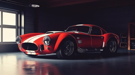 Obraz premium A stunning red sports car in a dimly lit garage offers a sleek, classic design, perfect for car enthusiasts and collectors. illustration