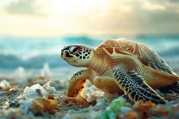 Obraz premium Sea turtle walking on sand littered with plastic debris by the ocean. Illustrates pollution's impact, promotes conservation and environmental awareness.