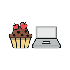 Laptop and cupcake set icon symbolizes joyful work moments, sweet breaks, and a cheerful digital workspace.