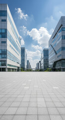  Modern Cityscape: Sleek Buildings, Open Plaza & Blue Skies. Architecture, Design & Urban Scenery Photography