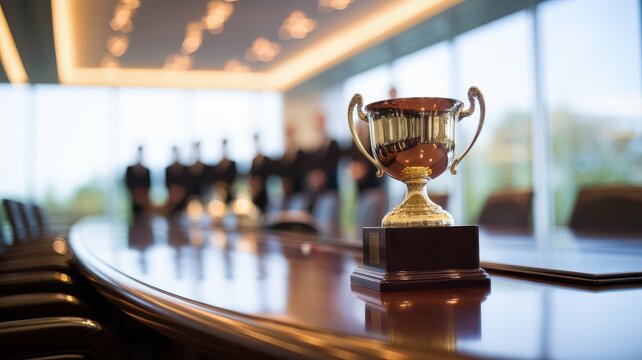 Achievement and recognition: a trophy in a modern conference room setting