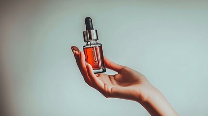 Close-up of hand gracefully holding luxury glass dropper bottle filled with radiant serum
